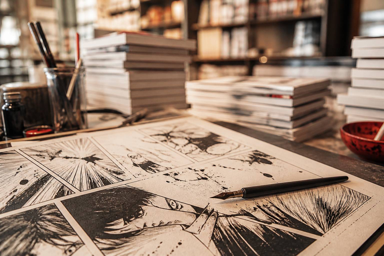 Planche de manga en noir et blanc avec des trames et une plume