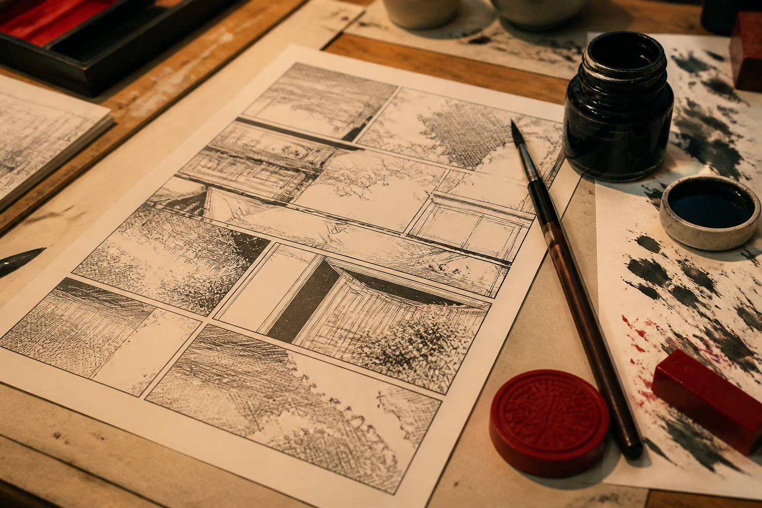 Planche de manga au trait noir avec pinceau et encre de Chine