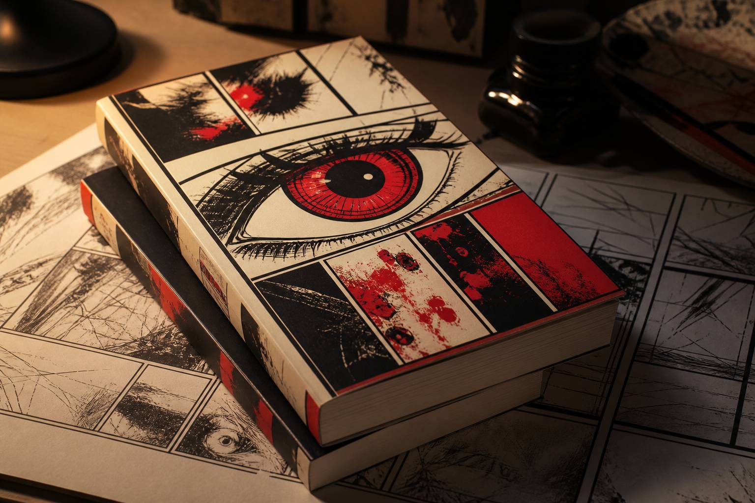 Volumes de manga génériques avec motif d'œil stylisé rouge et noir
