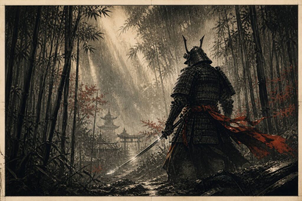 Samouraï au katana dans une forêt de bambous sous la pluie
