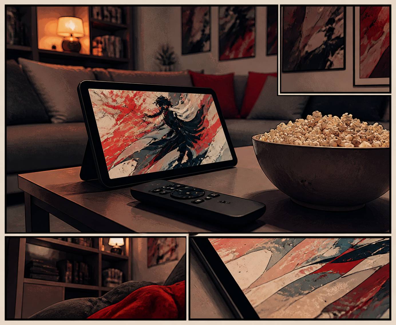 Télécommande et tablette avec illustration animée sur une table basse