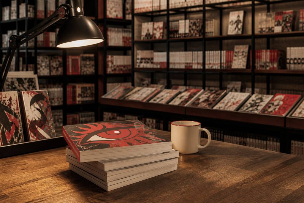 Pile de mangas génériques avec un motif d'œil stylisé rouge