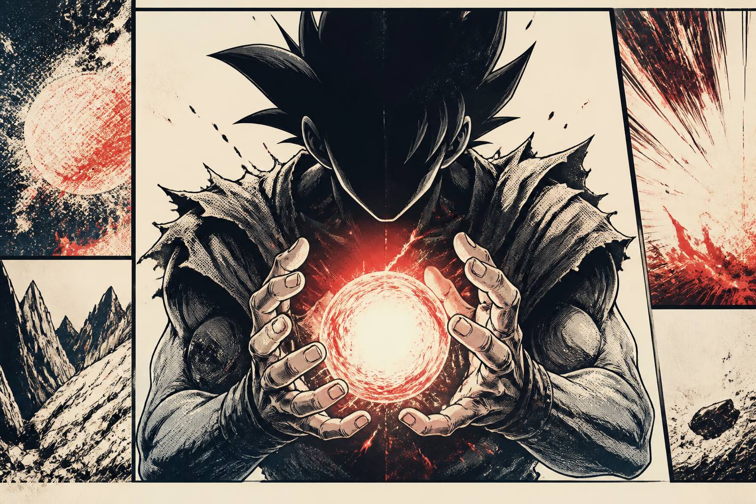 Sphère d'énergie lumineuse entre les mains d'un guerrier stylisé, style manga