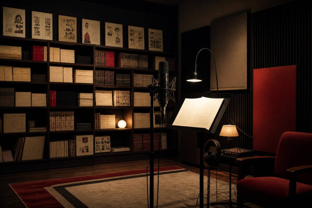 Micro de studio vintage avec des feuilles de script sur un lutrin
