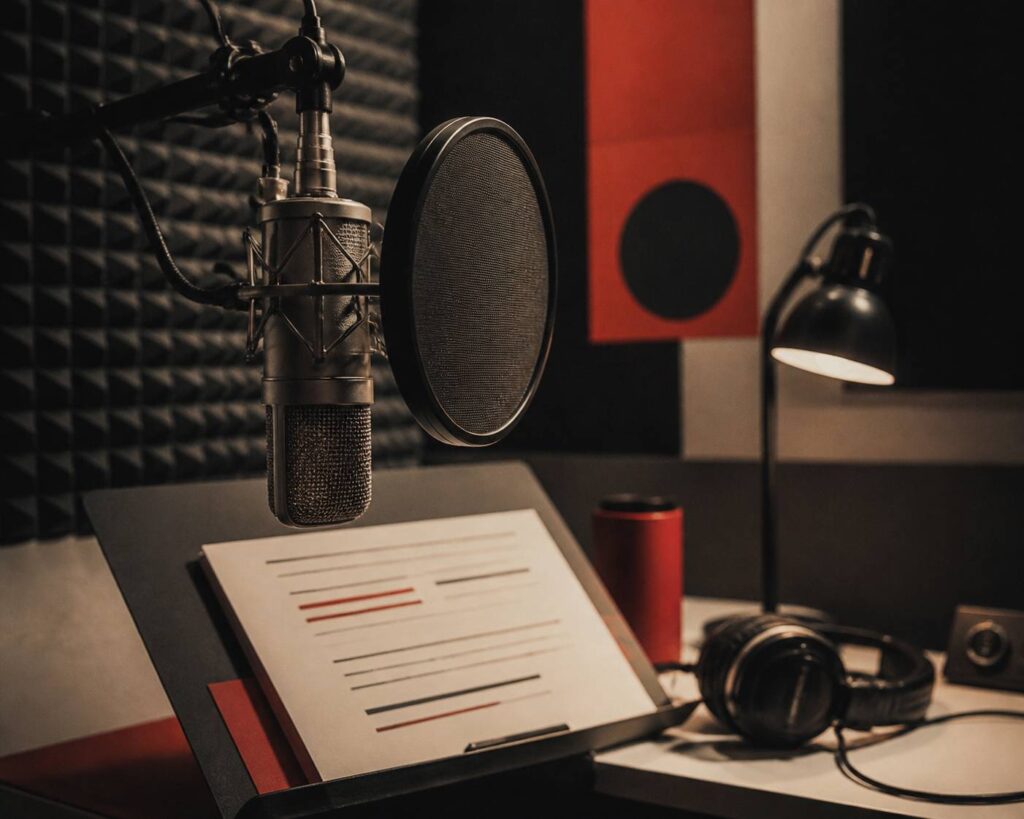 Studio d'enregistrement de voix avec micro à bonnette et panneaux acoustiques feutrés