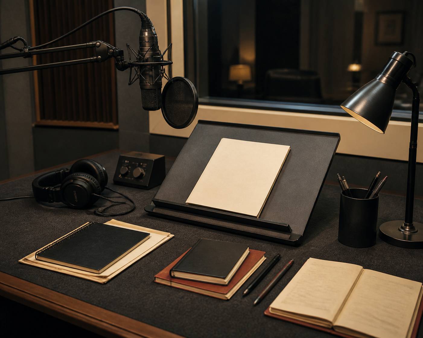 Table de studio avec casque professionnel et micro au bras articulé
