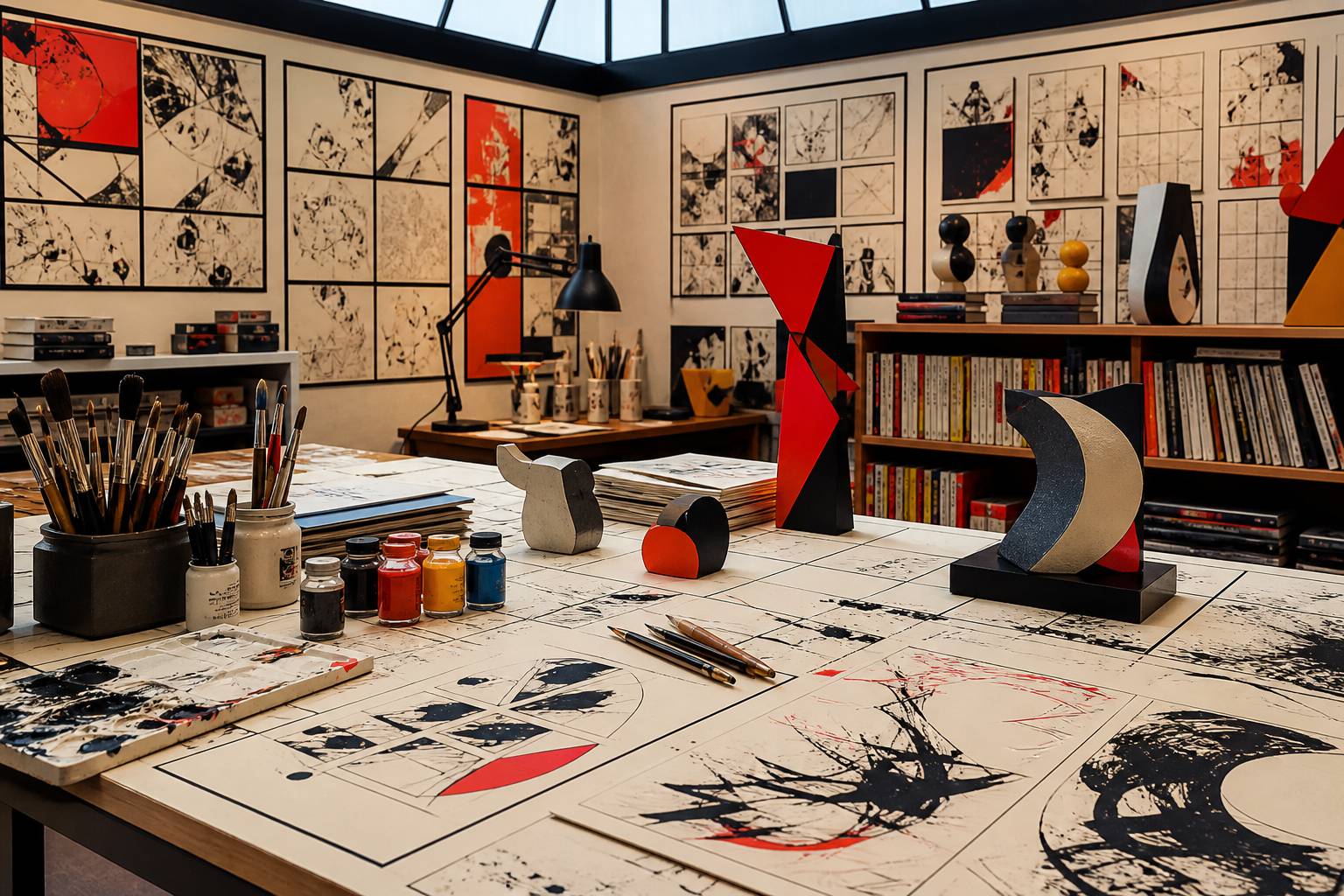 Atelier d'artiste pop avec pinceaux et maquettes colorées