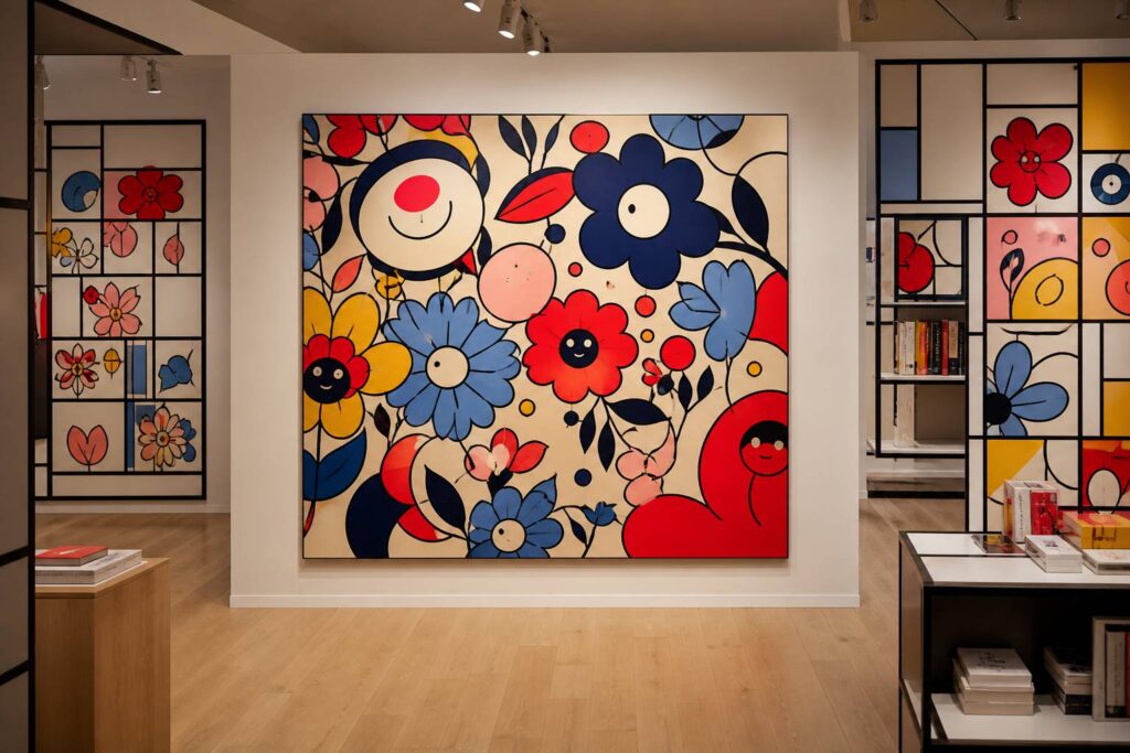 Galerie d'art avec grande toile pop aux motifs floraux colorés
