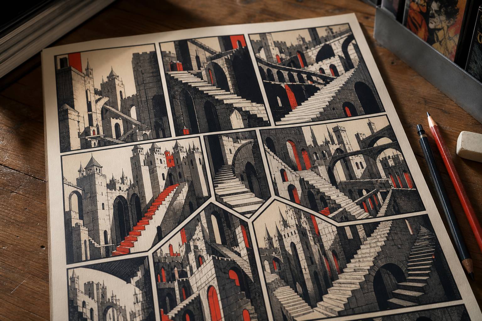 Vignette a inchiostro di un castello infinito con scale impossibili su un tavolo da fumetteria
