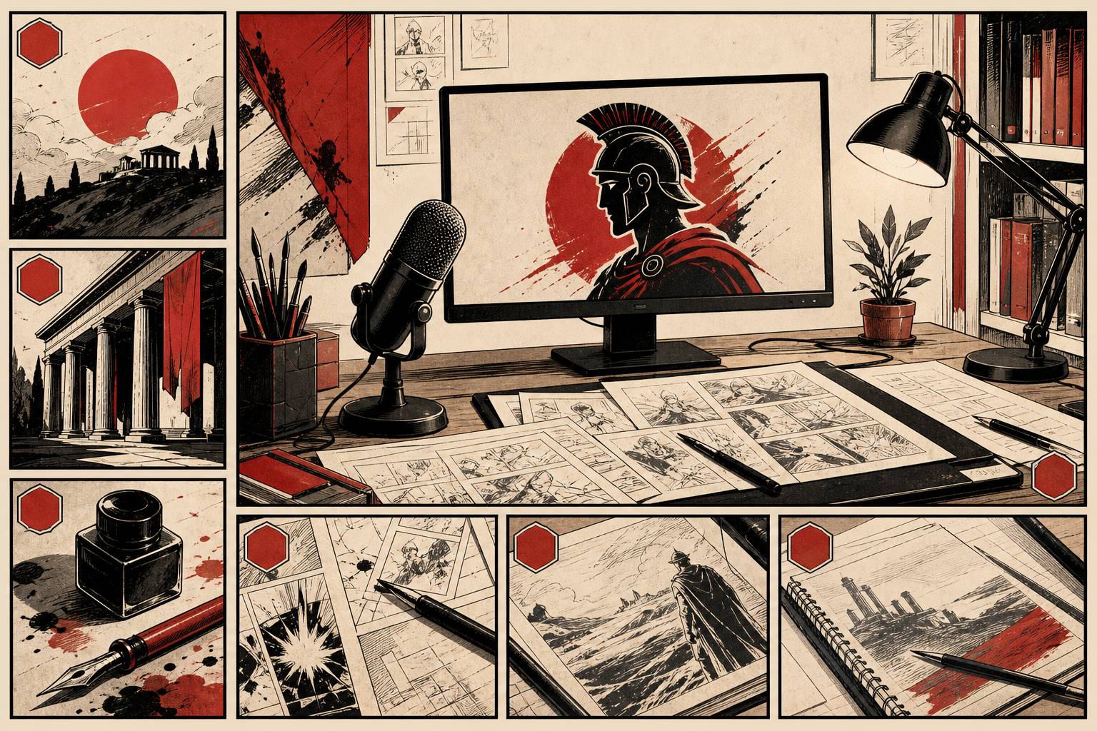 Bureau de streaming générique avec avatar romain dessiné