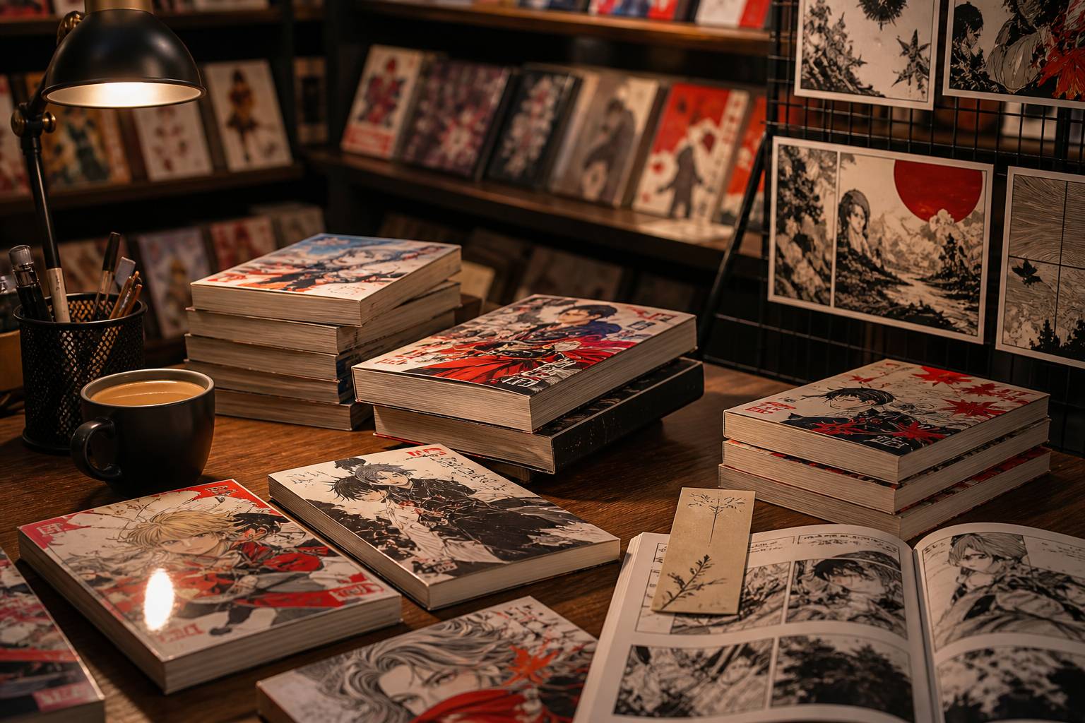 Piles de mangas tankōbon posés sur une table en bois