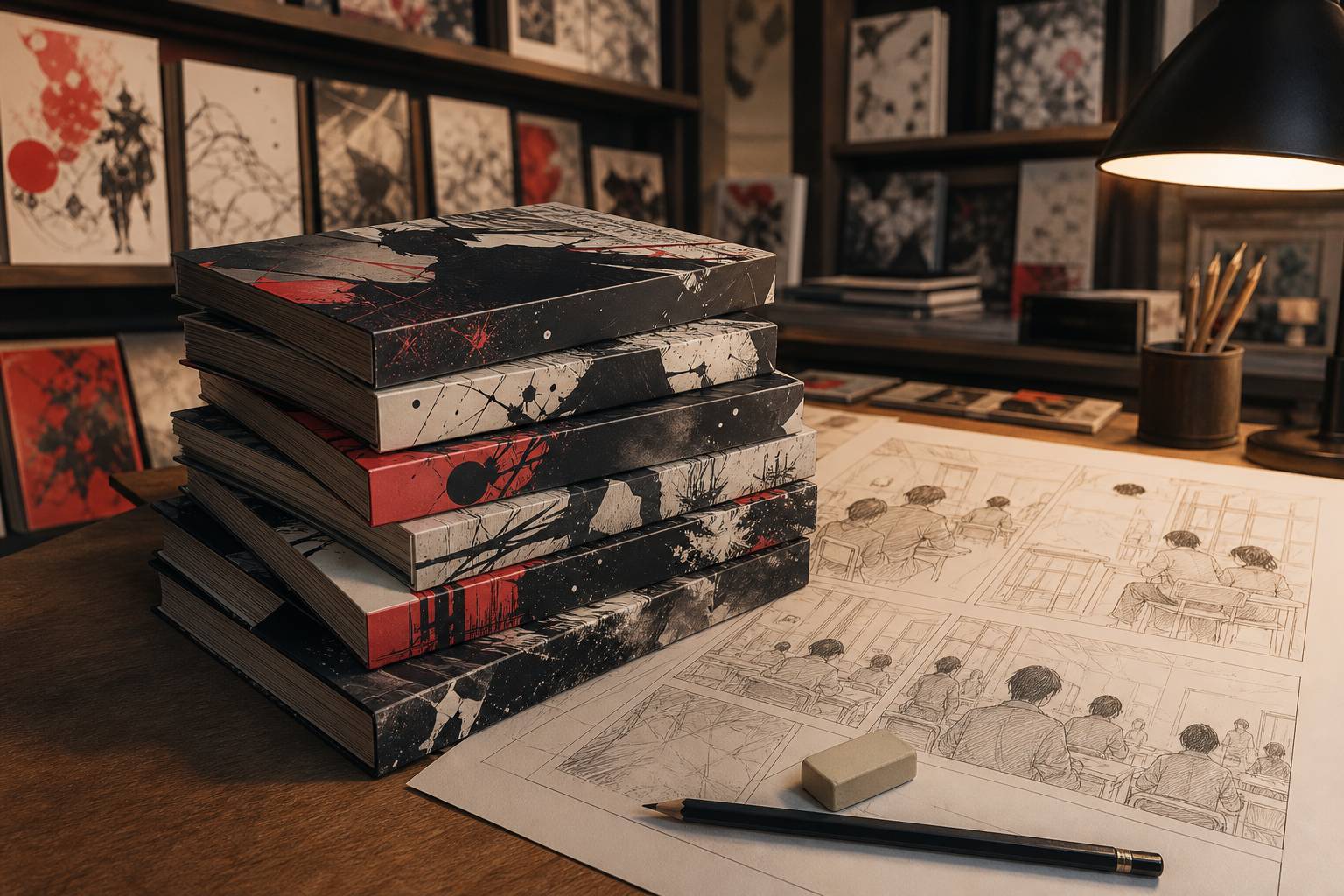 Pile de volumes de manga aux couvertures sombres sur un bureau