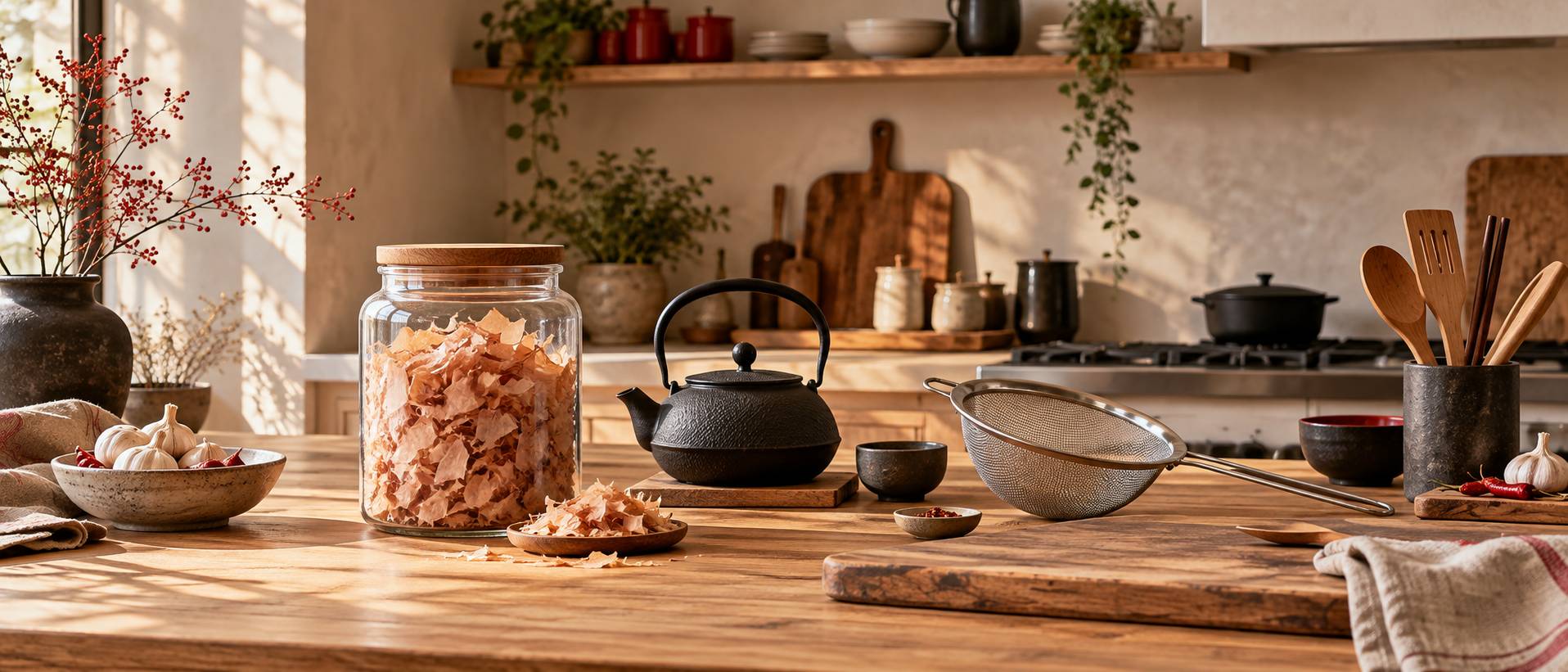 Bocal de copeaux de bonite seche et bouilloire en fonte dans une cuisine