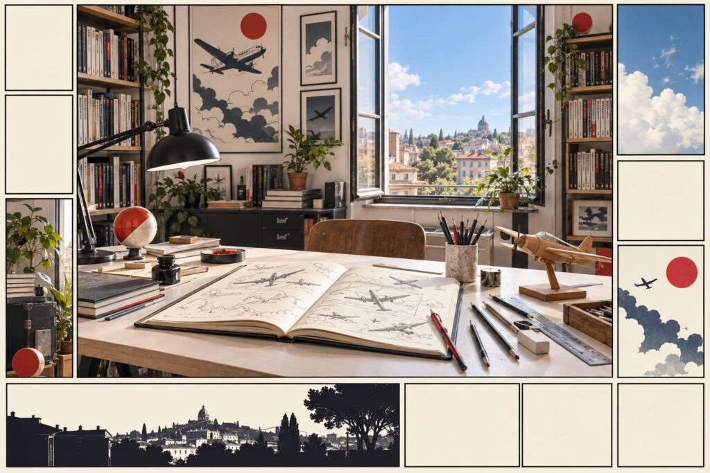 Bureau d'illustrateur avec croquis d'avions et maquette en bois