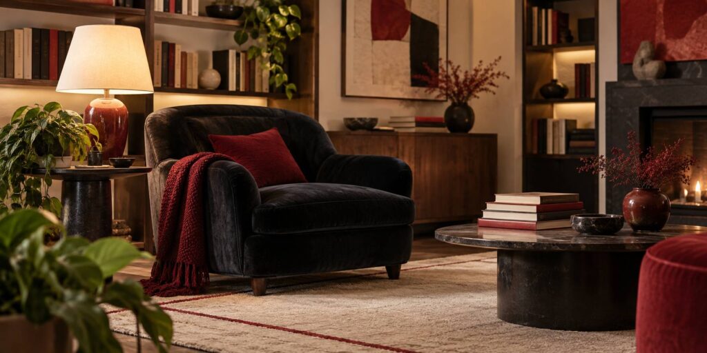 Fauteuil de velours et pile de recueils dans une piece de lecture