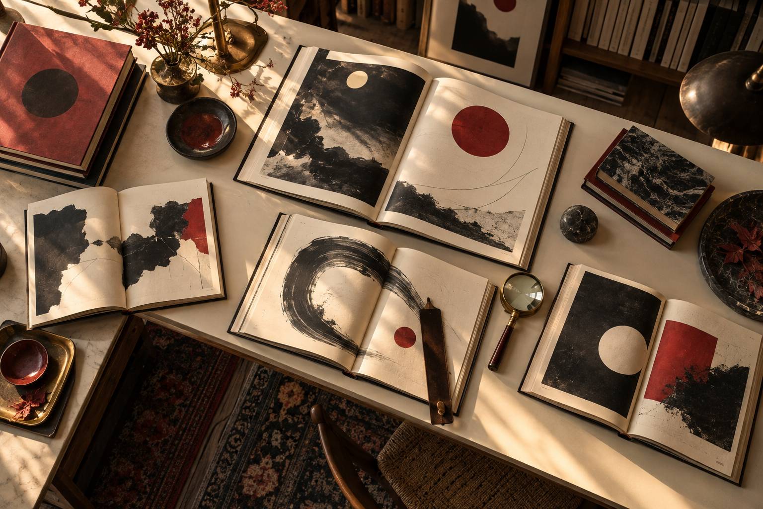 Recueils ouverts et loupe sur une table de travail