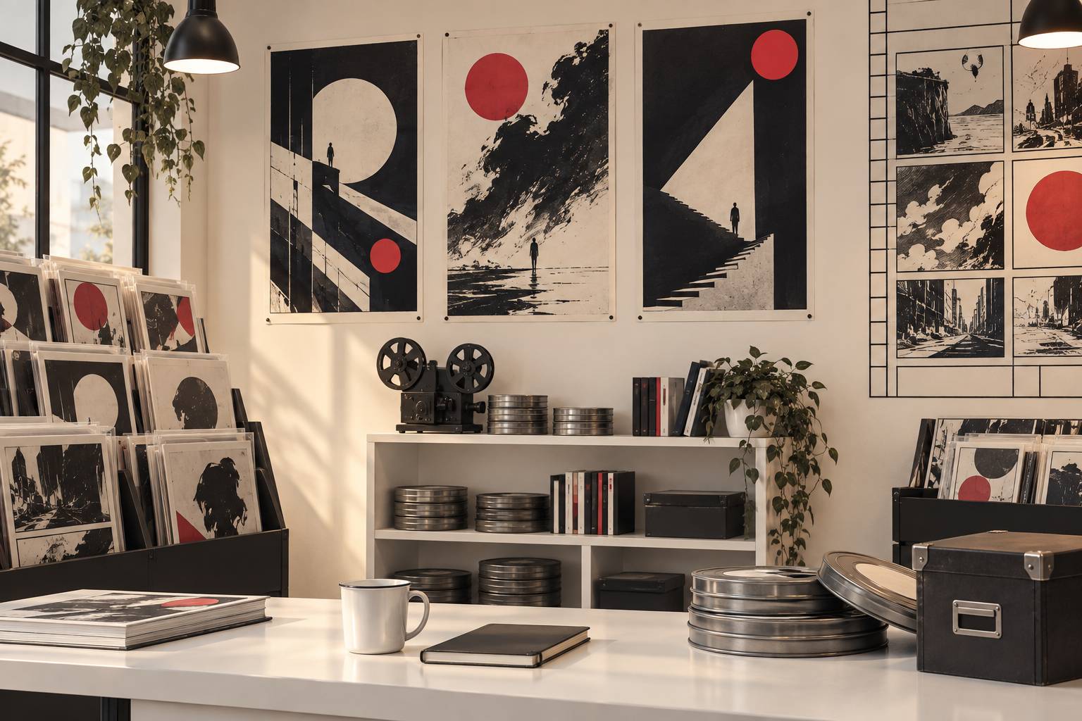 Détail d'affiches de cinéma et de bobines sur une étagère