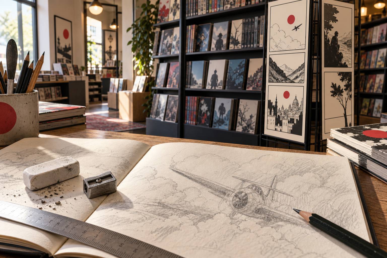 Croquis au crayon de nuages et d'un avion stylisé