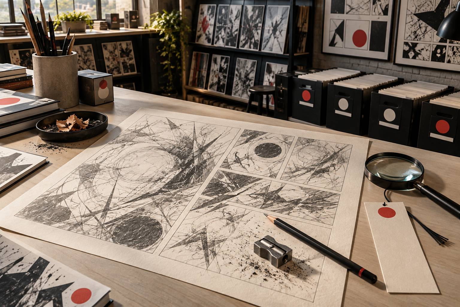 Détail d'une page de croquis avec un crayon graphite et une loupe