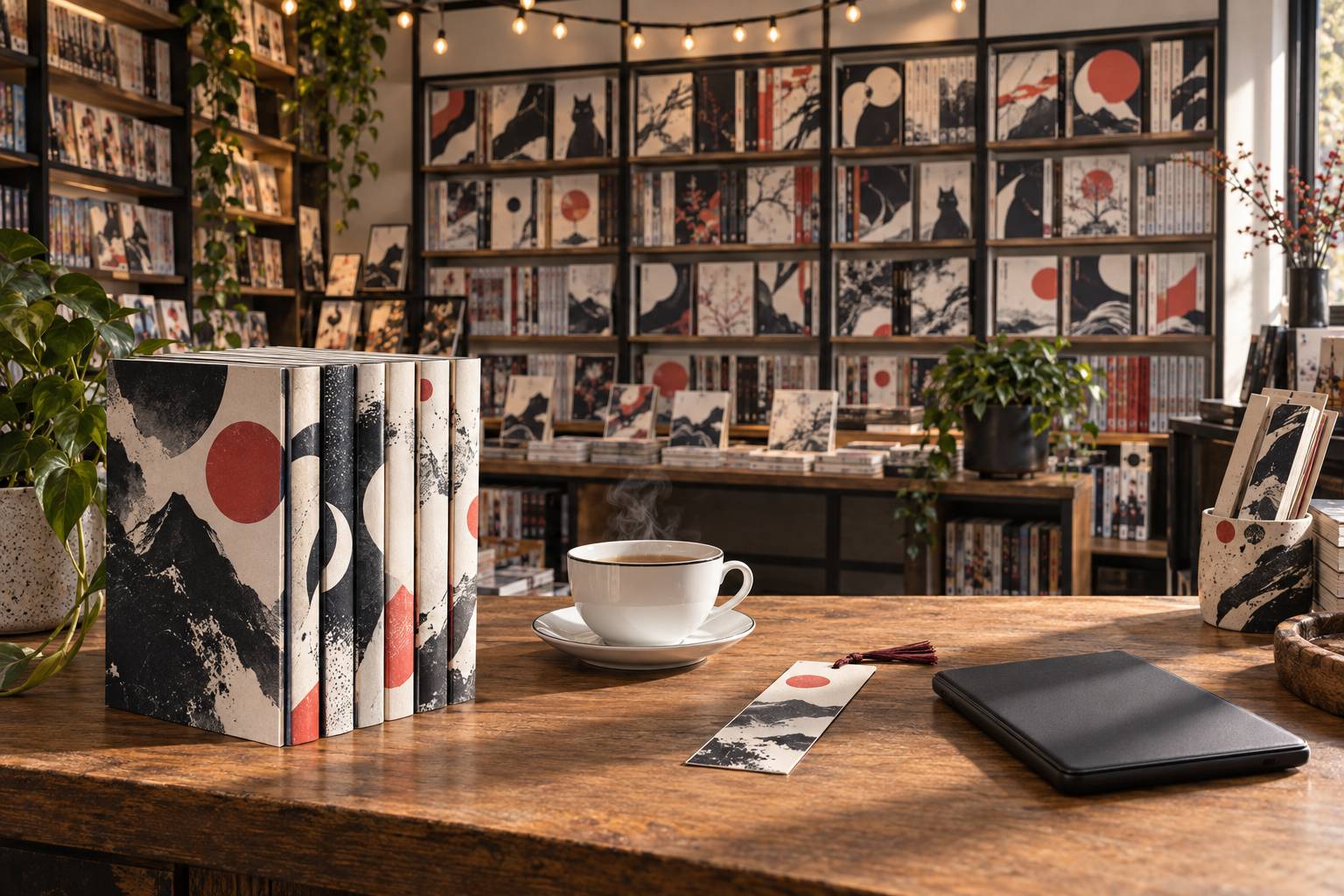 Détail d'une pile de mangas et d'une tasse de thé sur un comptoir