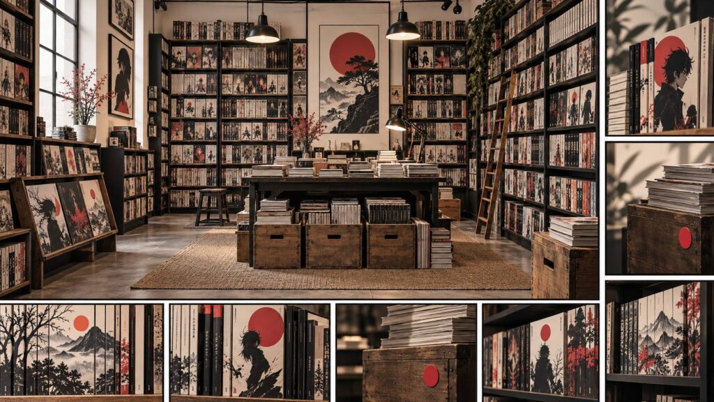 Rayonnages d'une fumetteria avec albums et mangas alignés sans titre lisible