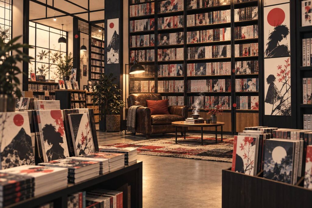 Intérieur de librairie de mangas avec rayonnages et fauteuil de lecture