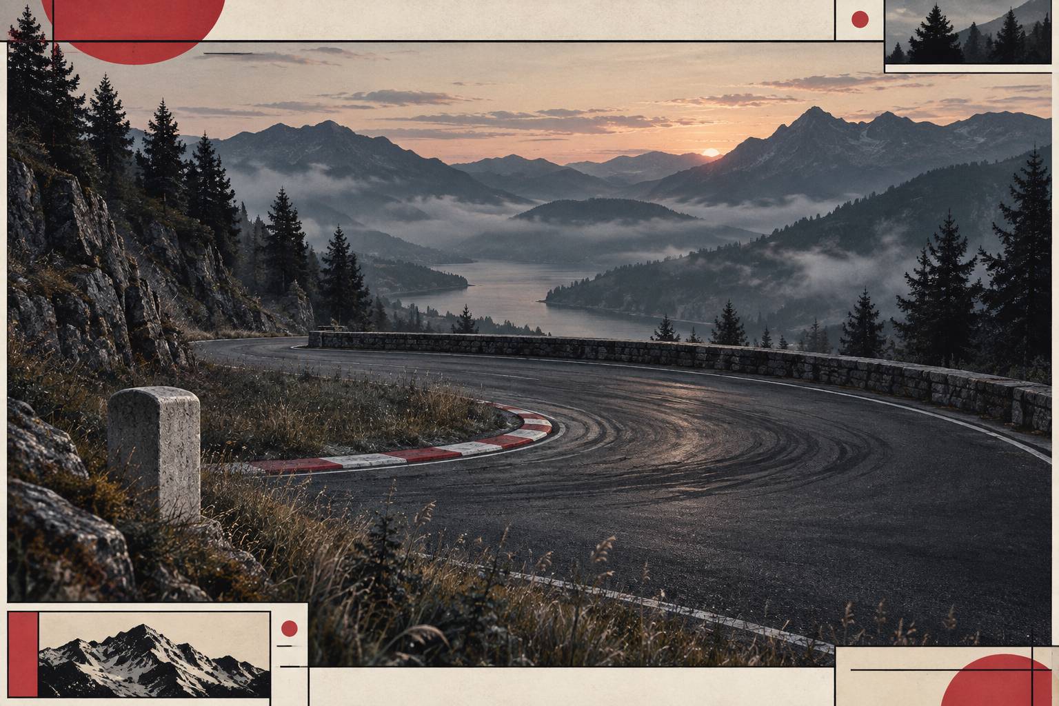 Virage en épingle sur une route de montagne au crépuscule