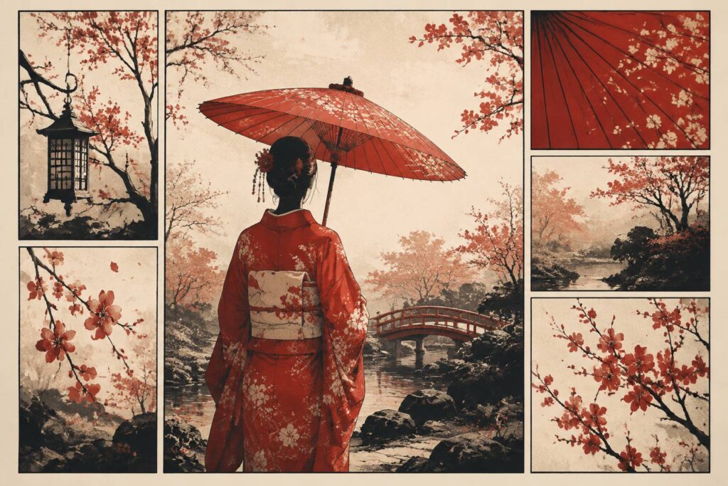 Silhouette d'une artiste en kimono vue de dos dans un jardin de cerisiers