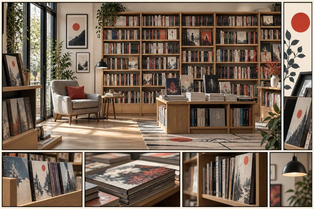 Étagères d'une librairie de quartier garnies de volumes brochés et fauteuil de lecture
