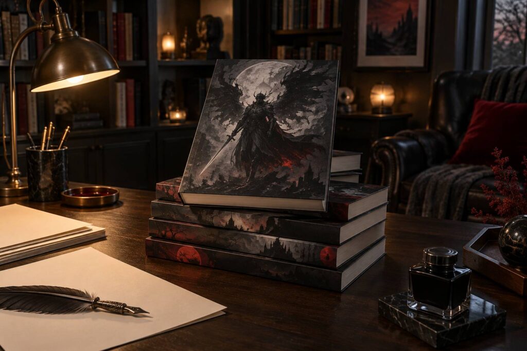 Volume de manga à la couverture illustrée d'un guerrier sombre aux ailes d'ombre