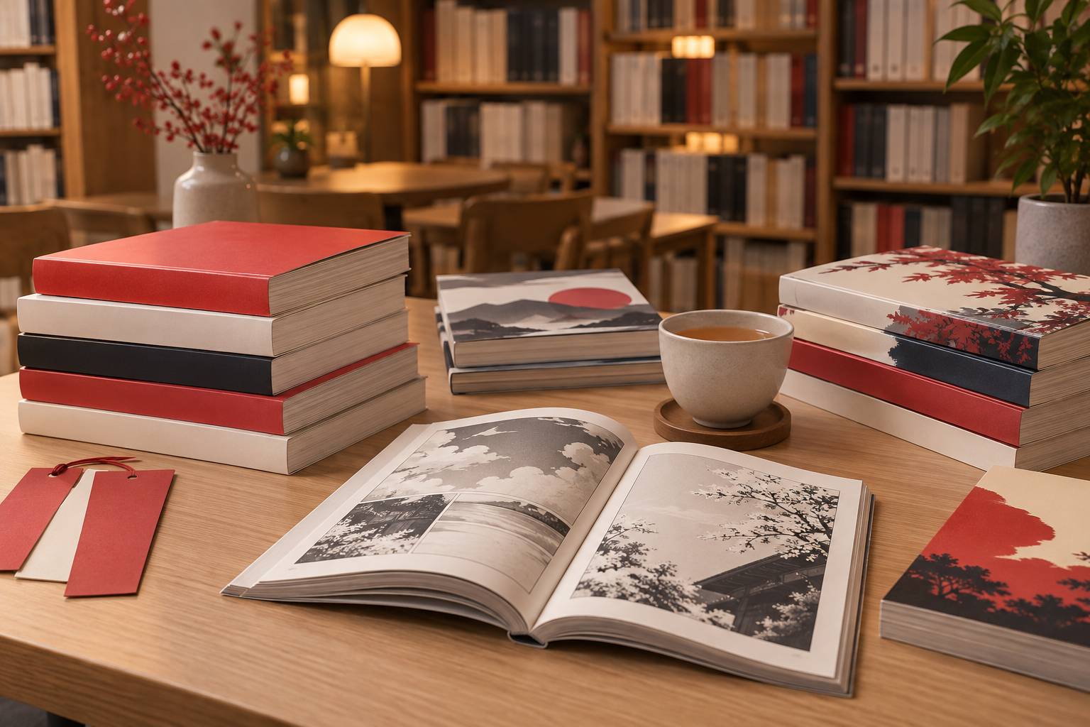 Pile de mangas aux couvertures vierges sur une table de lecture