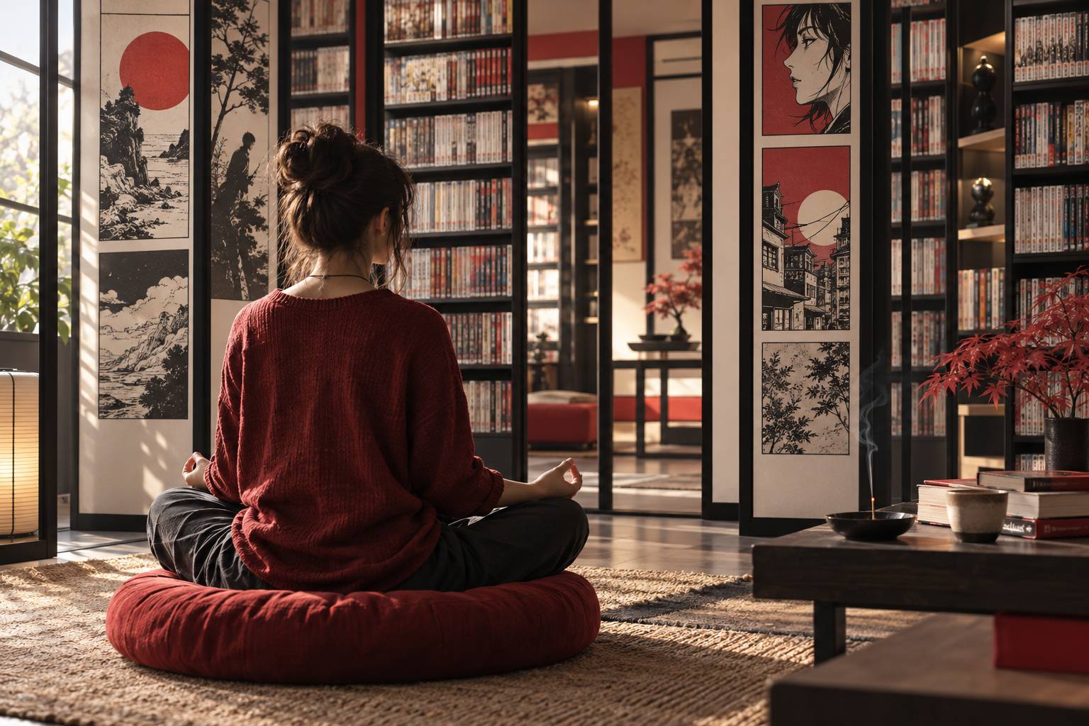 Vue large rapprochée de mains en position de méditation reposant sur les genoux d'une personne assise en taill