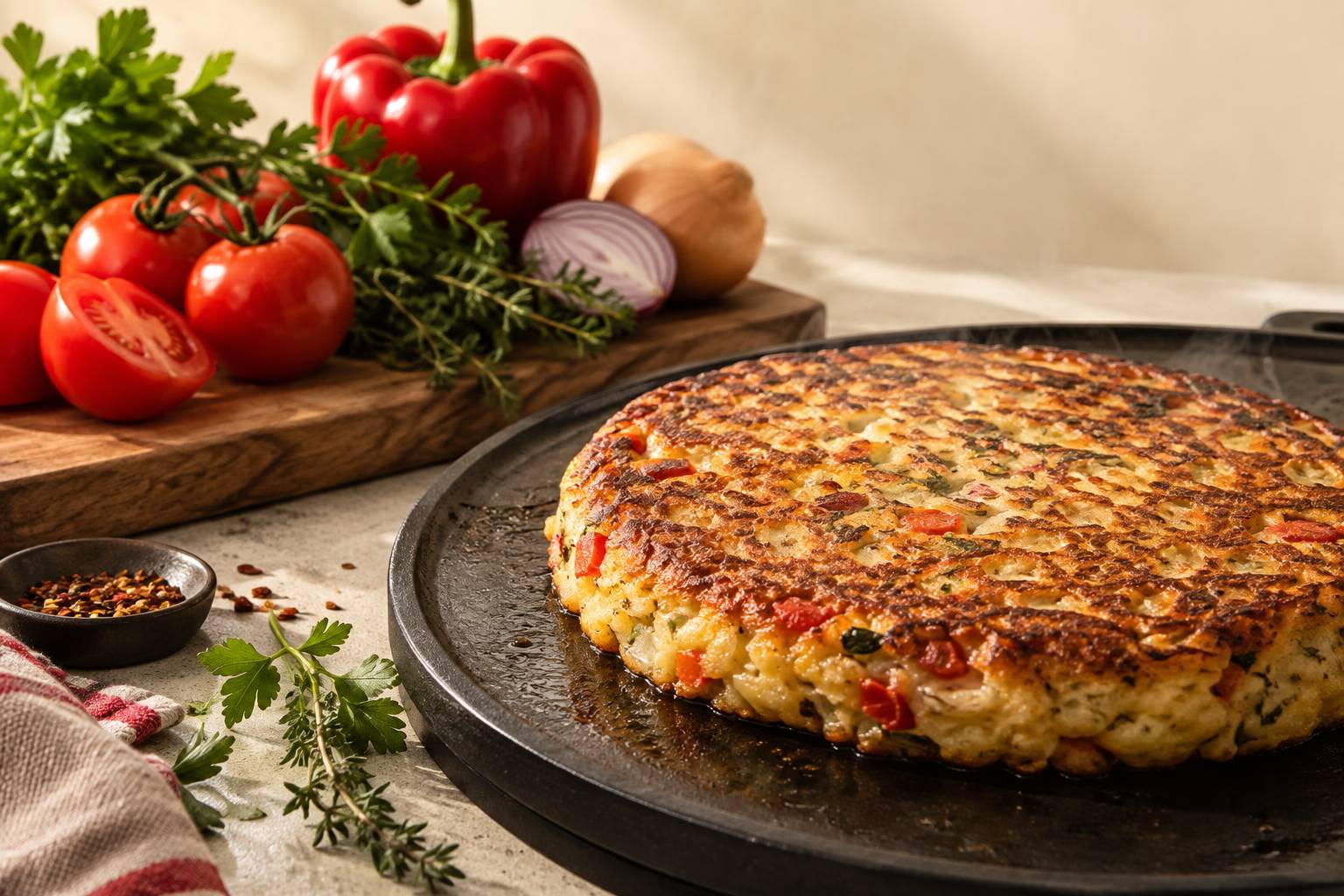 Gros plan sur une galette salee epaisse doree avec des legumes frais