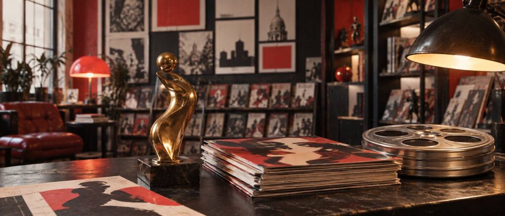 Statuette dorée de cérémonie sur un bureau sombre avec bobine de film