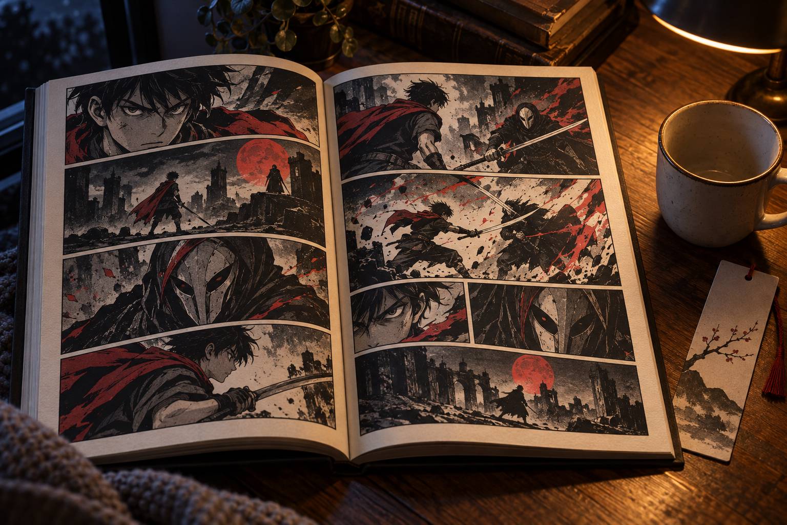 Planche de bande dessinée encrée montrant un jeune guerrier face à un adversaire masqué