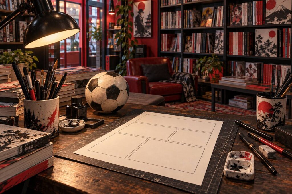 Planche de bande dessinée et ballon de football sur un bureau de mangaka