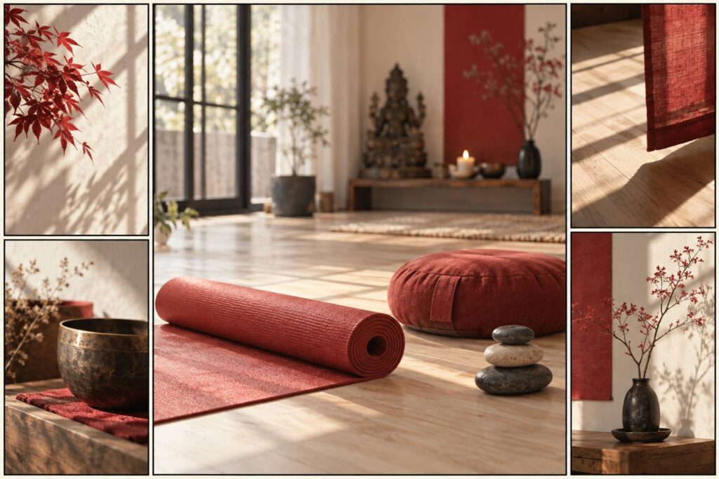 Vue large d'une salle de yoga paisible au sol en bois clair : tapis de yoga roulé, coussin de méditation, pier