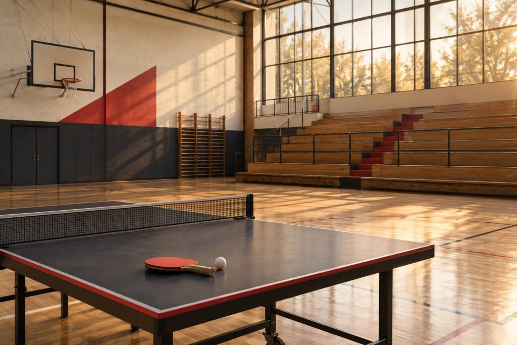 Table de tennis de table avec raquette et balle dans un gymnase au soir
