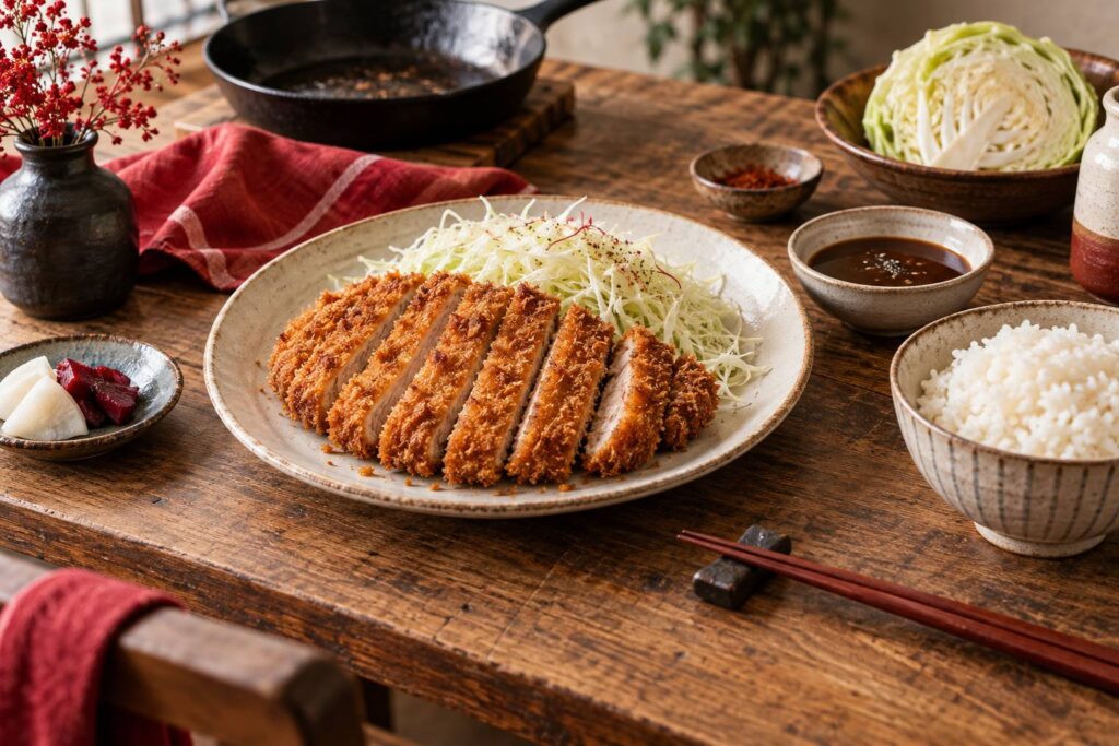 Assiette de cotellette panée tranchée avec chou émincé et riz vapeur