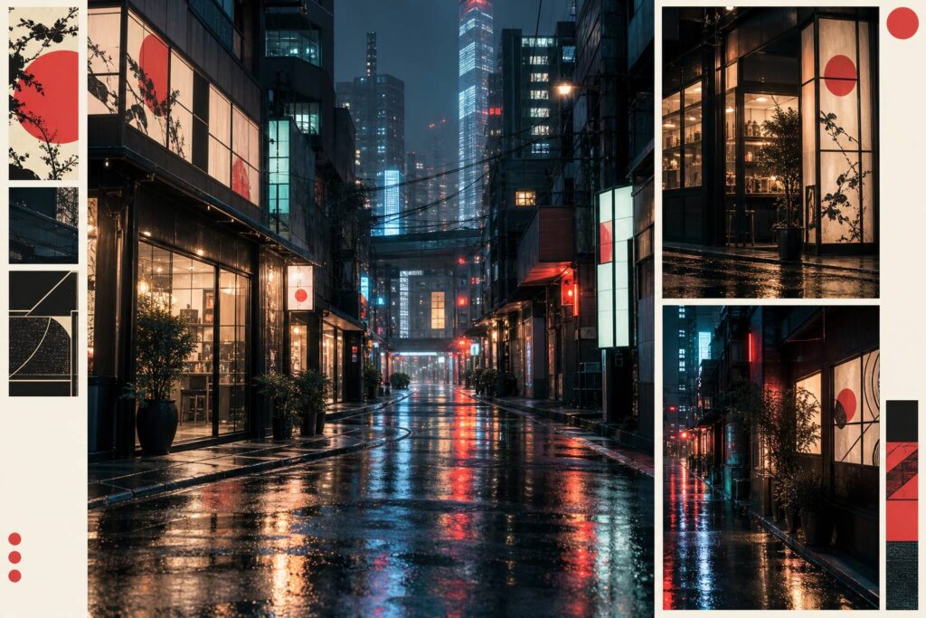 Rues étroites d'une ville asiatique illuminées de néons la nuit