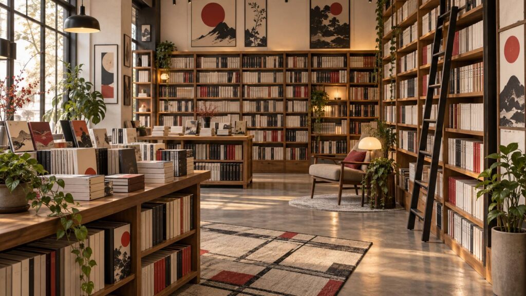 Bibliotheque de mangas sobre avec etageres garnies de volumes neutres
