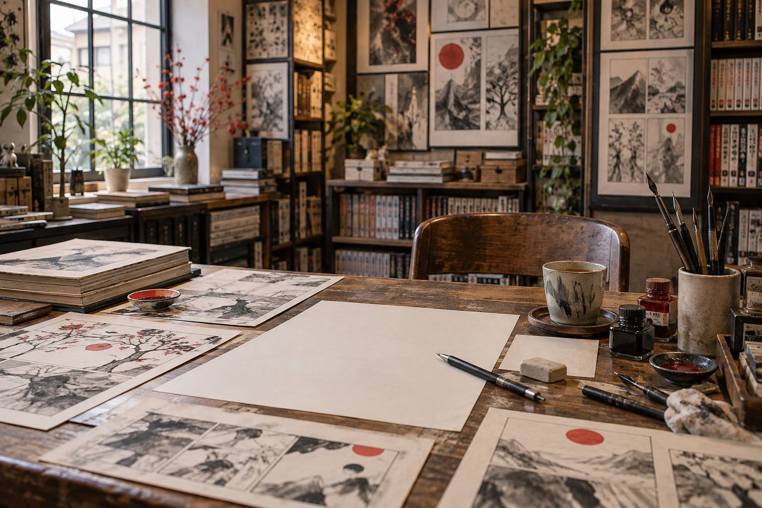 Table de dessin avec feuilles vierges et outils de croquis