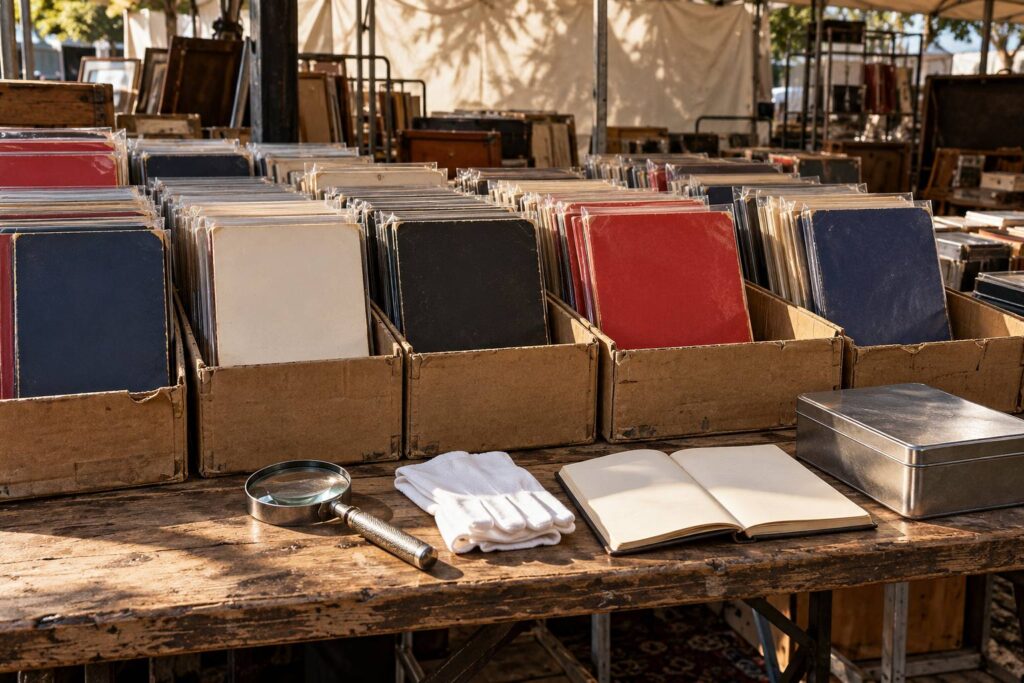 Piles de bandes dessinées d'occasion dans des cartons avec loupe et gants sur un étal