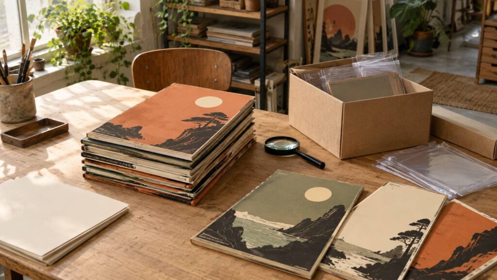 Pile de bandes dessinées vintages anonymes avec carton de rangement et loupe