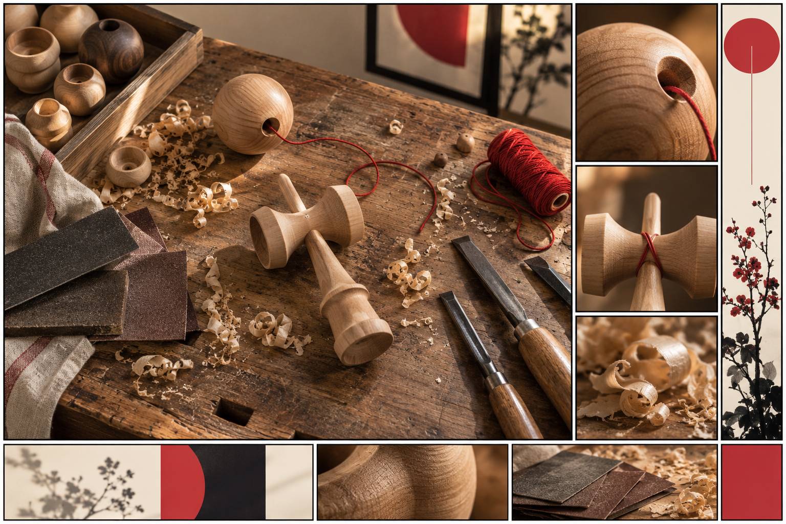 Kendama en bois et outils de finition sur un établi