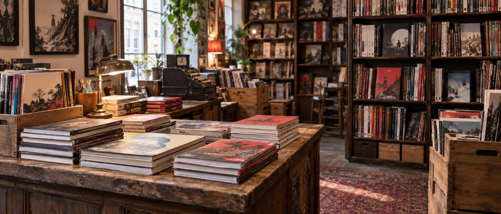 Piles de volumes de bandes dessinées d'occasion sur le comptoir d'une librairie